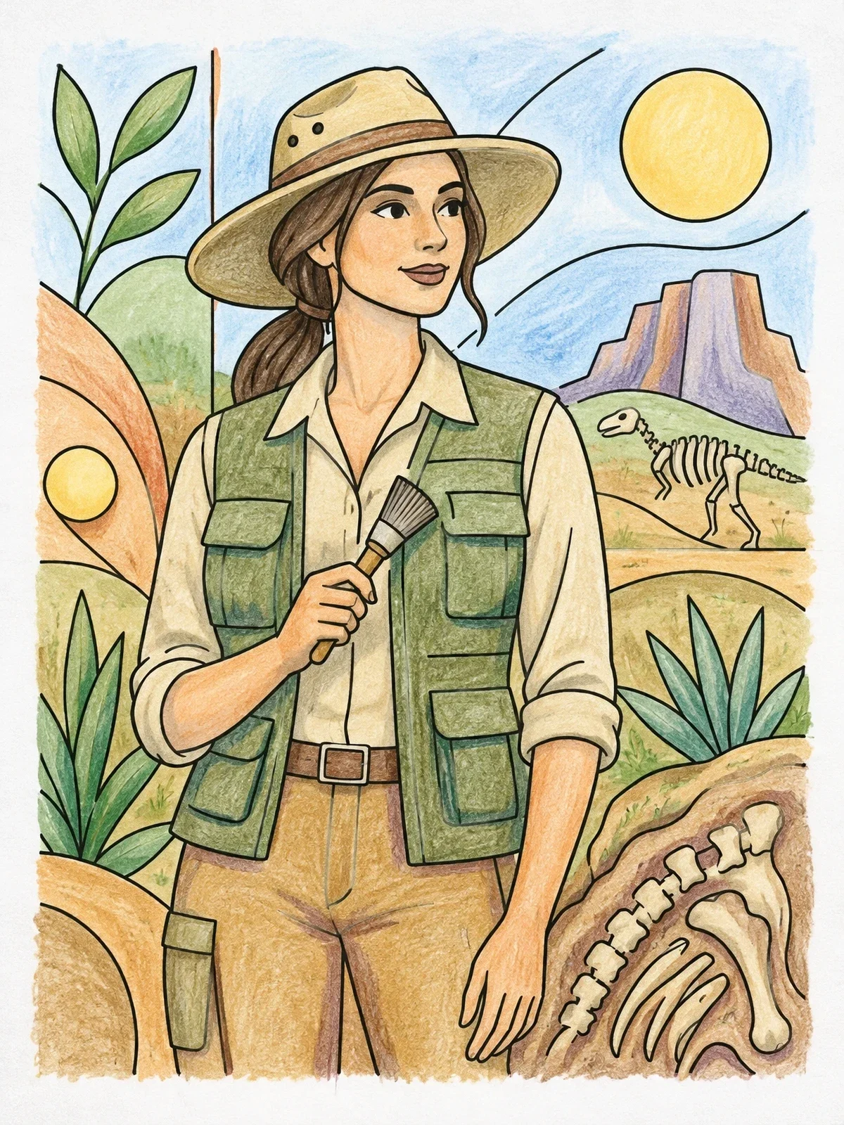 Colored example of the Female Paleontologist On A Fossil Dig coloring page