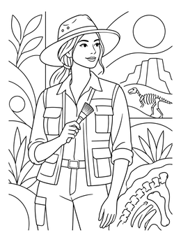 A female paleontologist coloring page featuring excavation tools, outdoor scenery, and dinosaur bones.