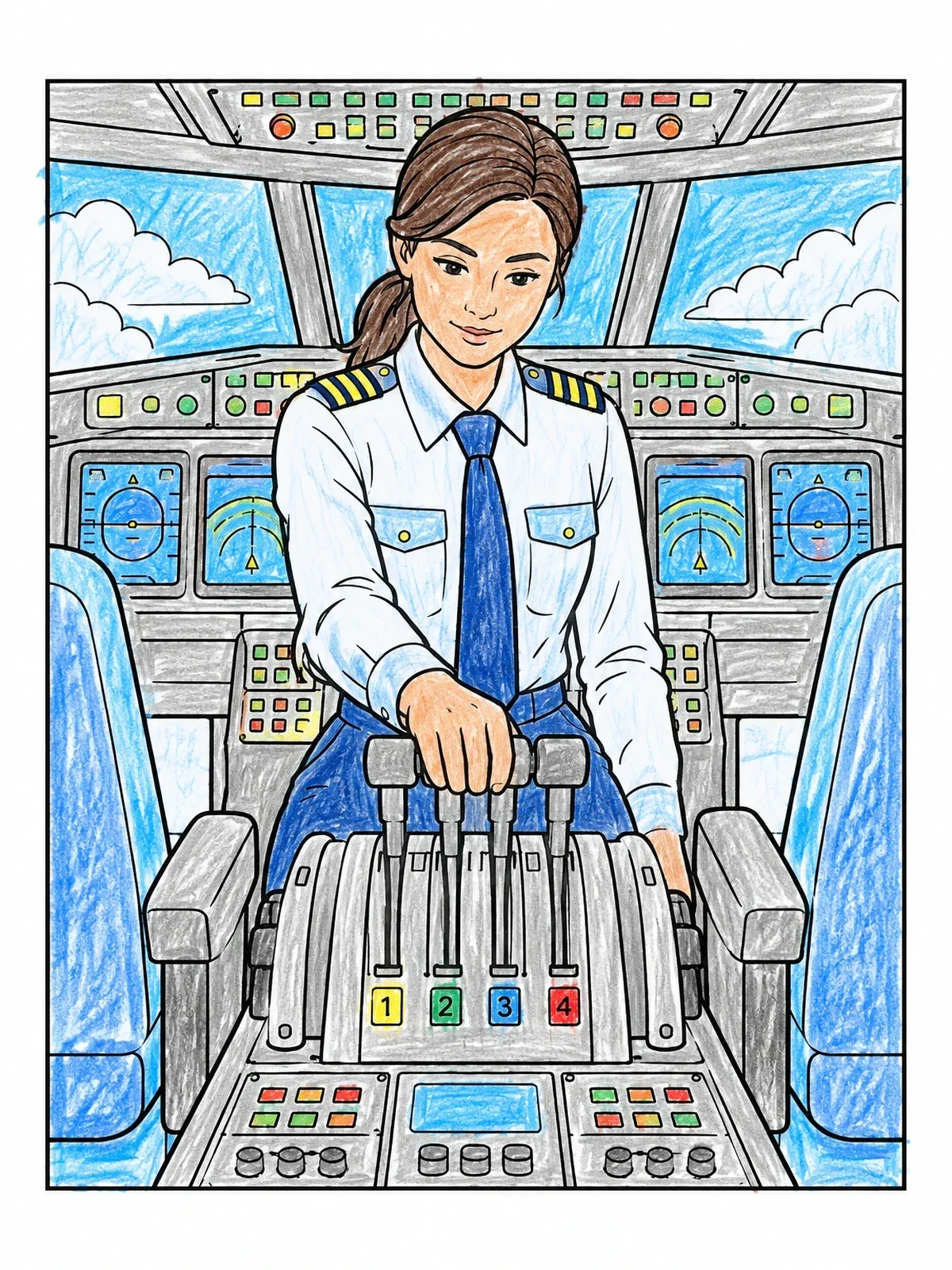 Colored example of the Female Pilot Adjusting Throttle Levers coloring page