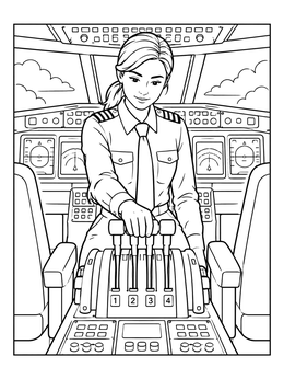 A pilot coloring page featuring a female captain controlling airplane throttle levers in the cockpit.