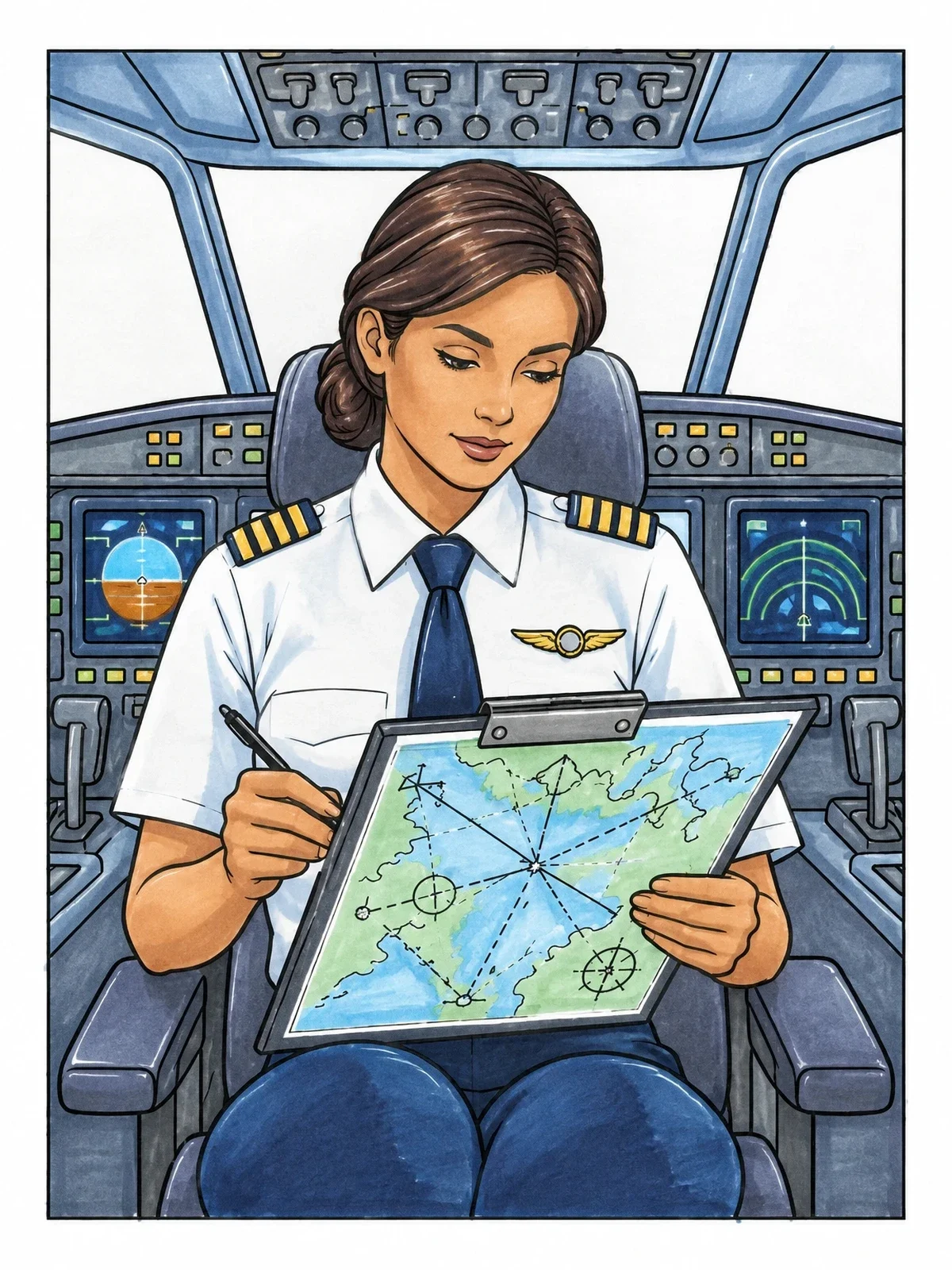 Colored example of the Female Pilot Checking Navigation Chart coloring page