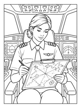 A pilot coloring page showing an airplane captain reviewing a flight map on a clipboard in the cockpit.