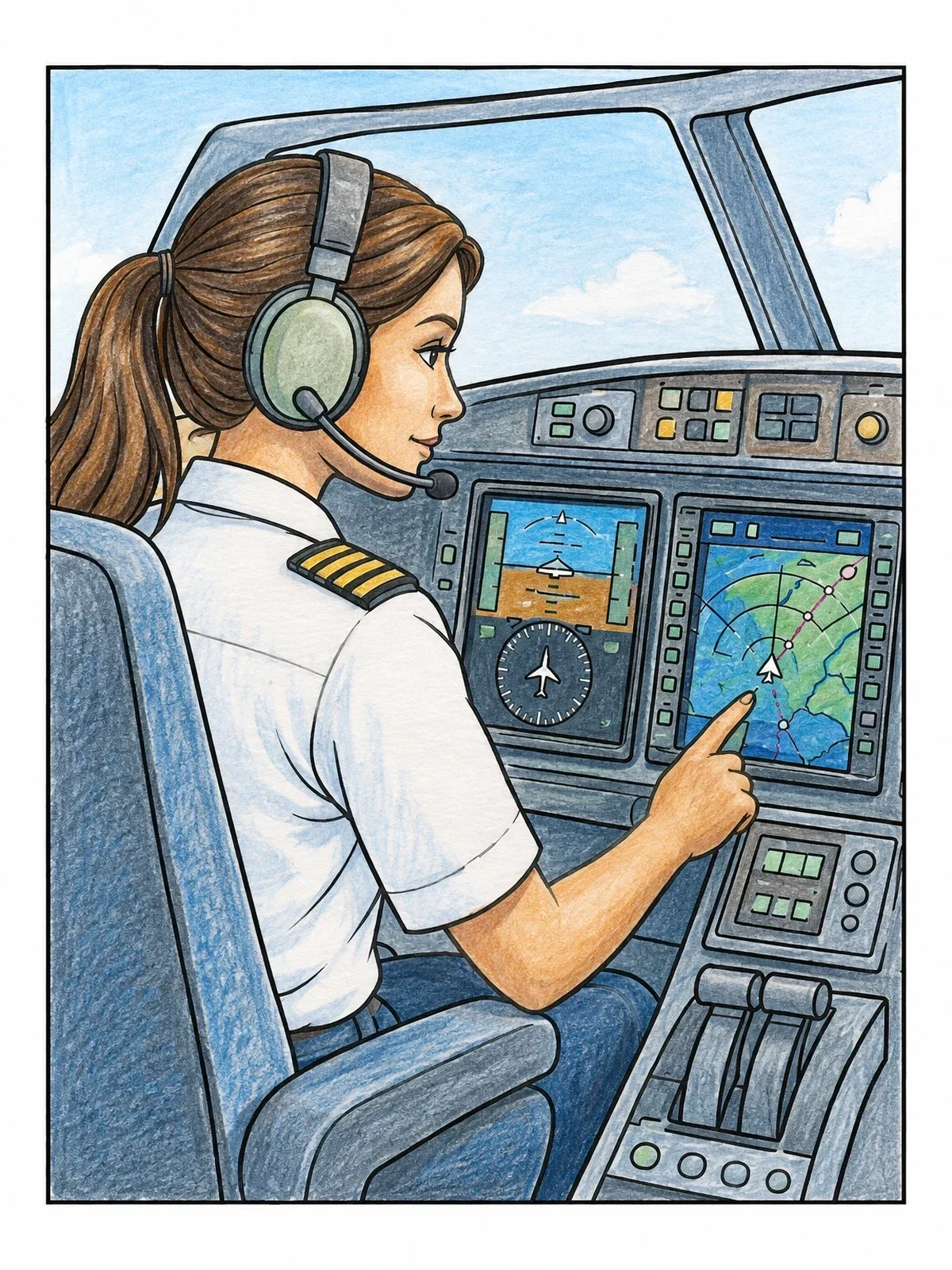 Colored example of the Female Pilot In Modern Cockpit coloring page