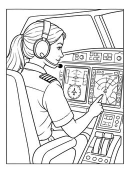 A detailed pilot coloring page showing a female pilot operating digital flight screens inside an airplane cockpit.