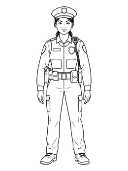 A friendly female officer standing proud in this detailed police coloring page.