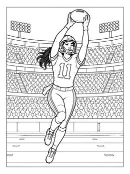 A female receiver making a catch in this football coloring page set in a full stadium.