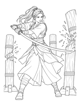 A skilled warrior strikes wooden posts in this samurai coloring page.