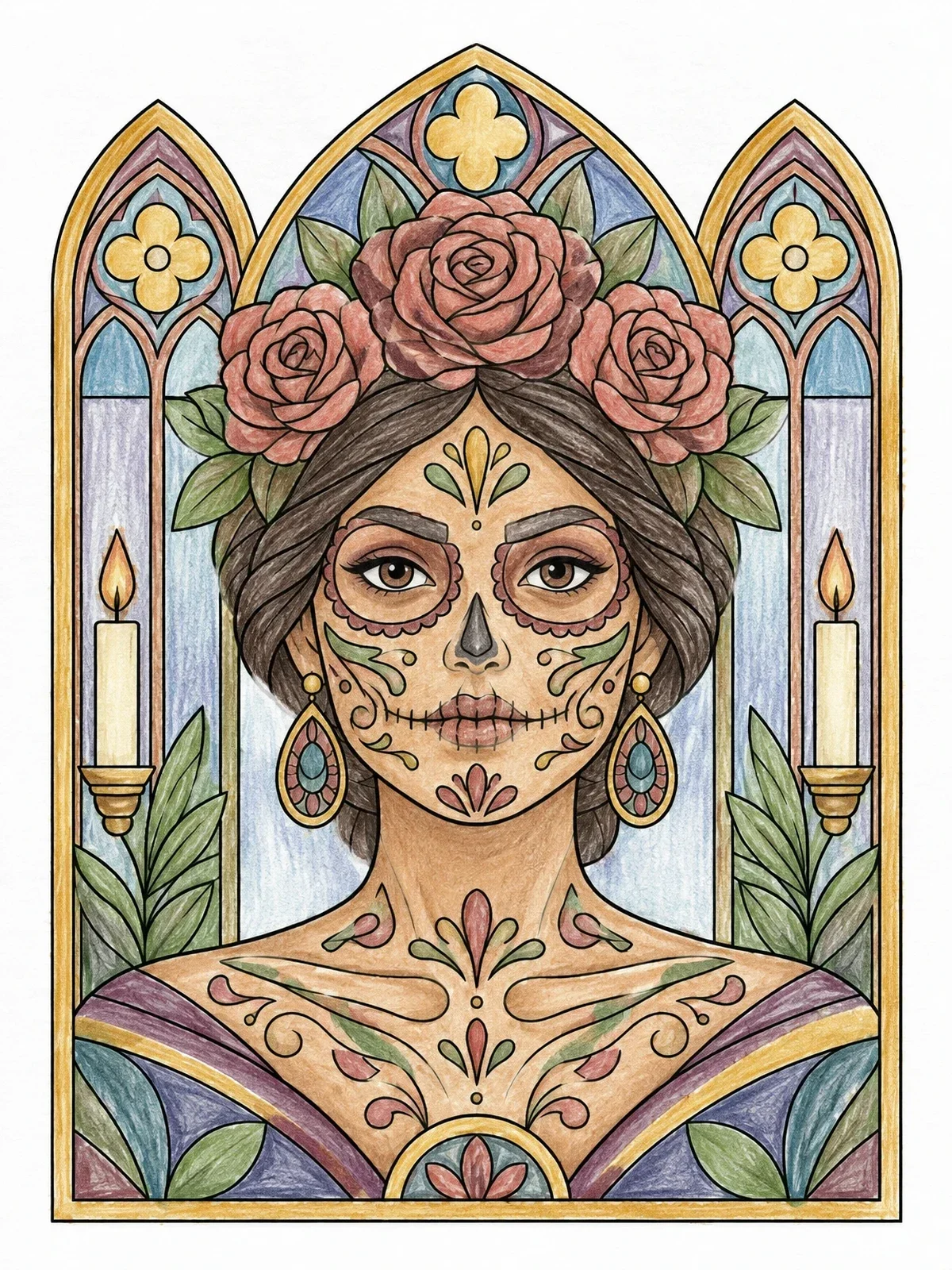 Colored example of the Catrina Sugar Skull With Cathedral Windows coloring page