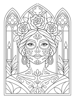 A detailed female sugar skull coloring page framed by cathedral arches and blooming roses.
