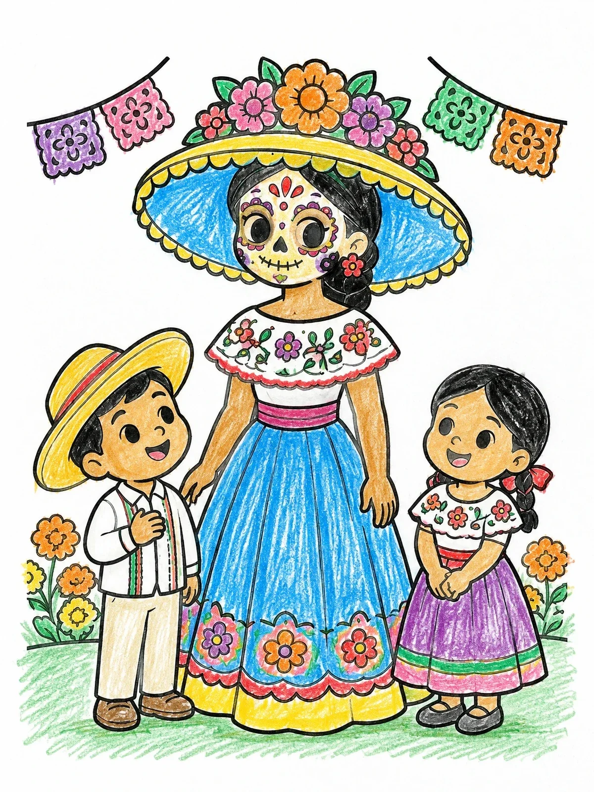 Colored example of the Catrina Woman With Happy Children coloring page