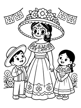 Free printable Catrina Woman With Happy Children coloring page