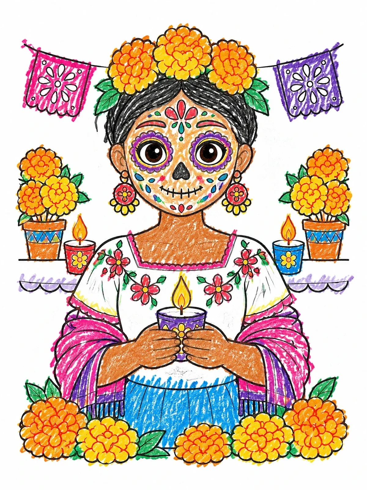 Colored example of the Cute Sugar Skull Girl With Candle coloring page