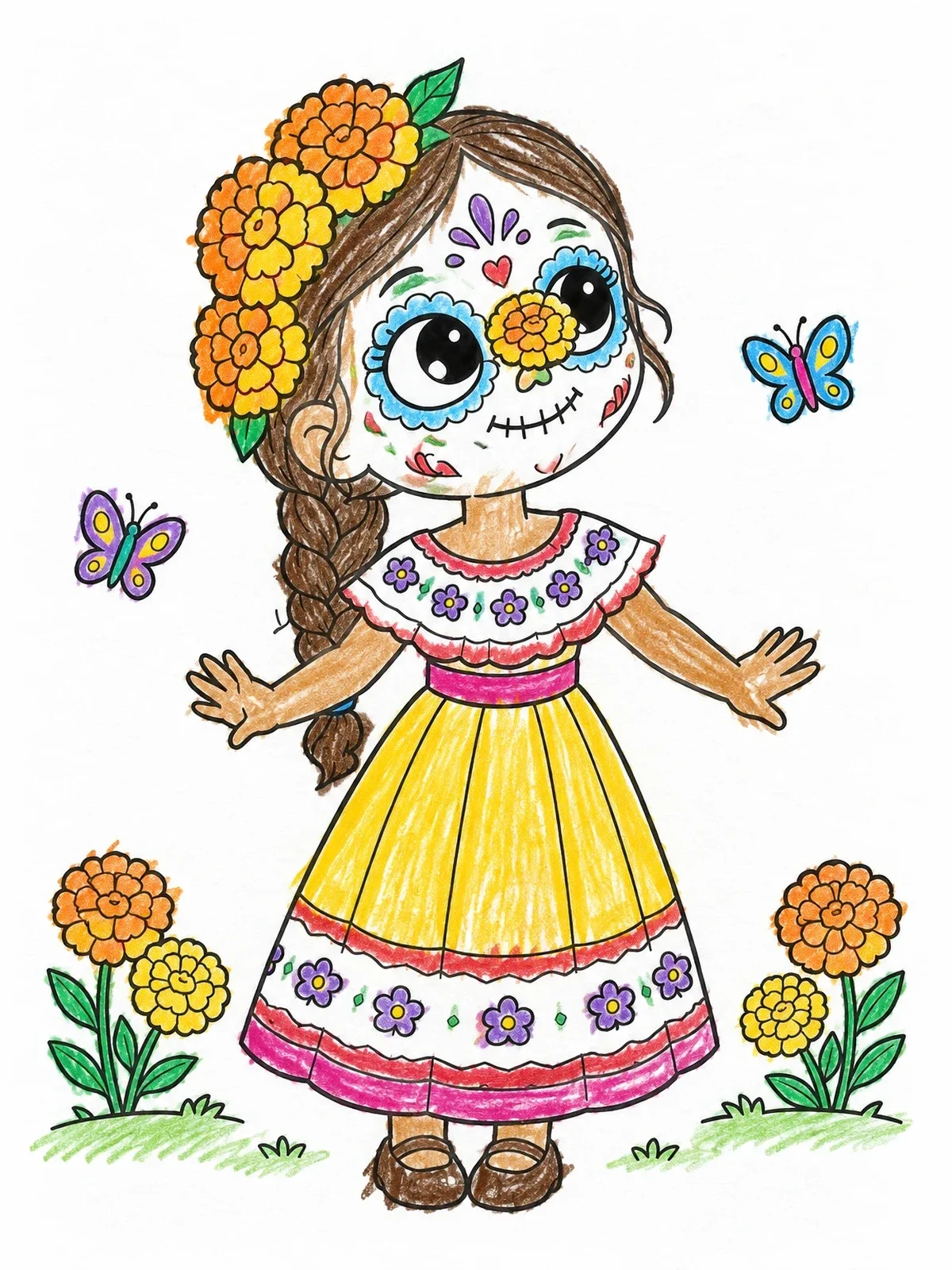 Colored example of the Cute Sugar Skull Girl In Flower Garden coloring page