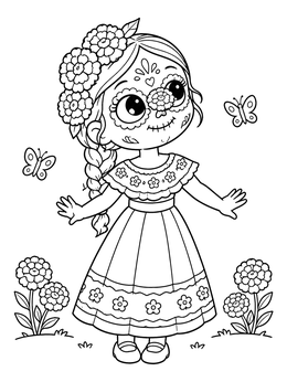 Free printable Cute Sugar Skull Girl In Flower Garden coloring page