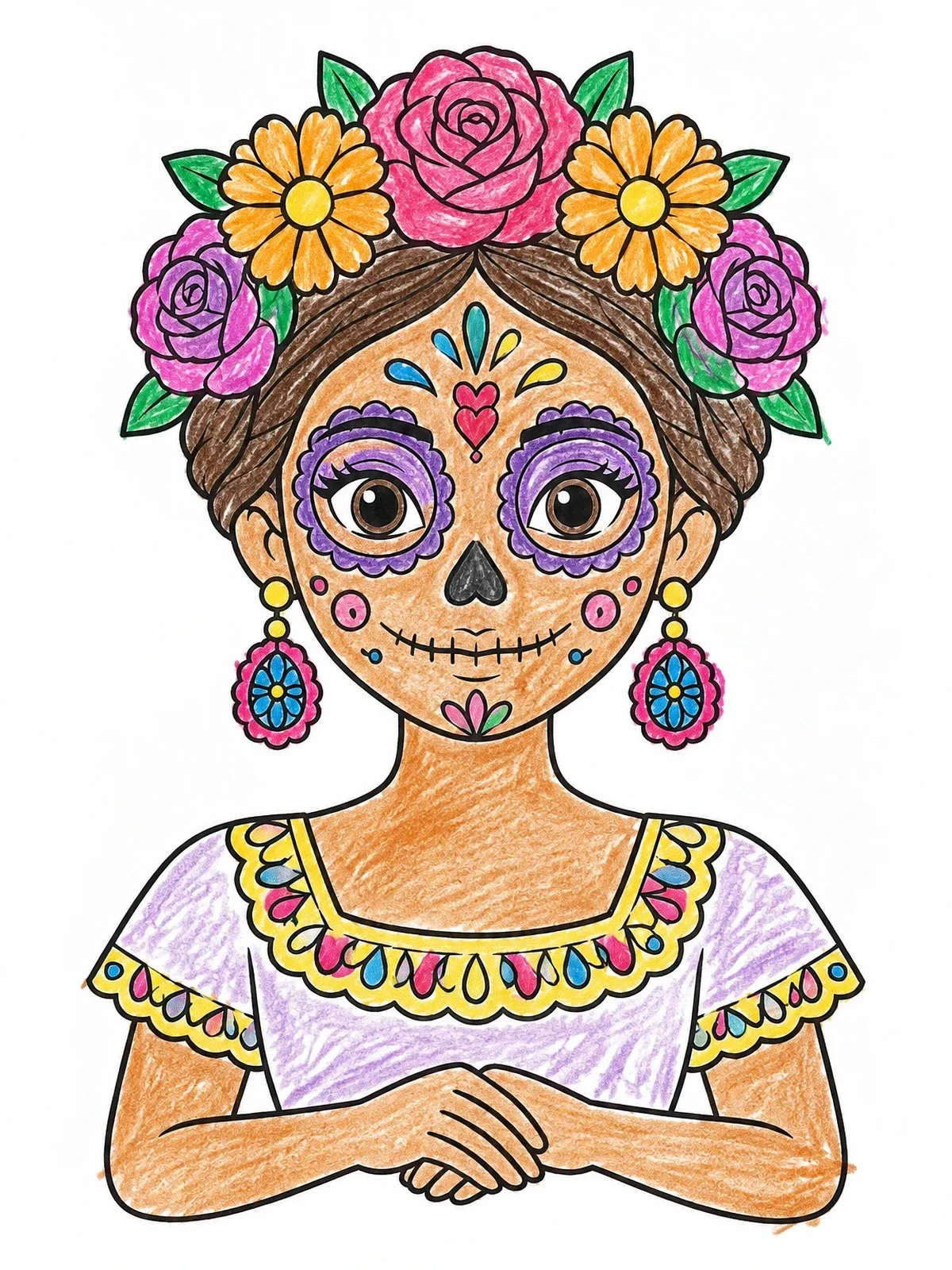 Colored example of the Cute Sugar Skull Day Of The Dead Girl coloring page