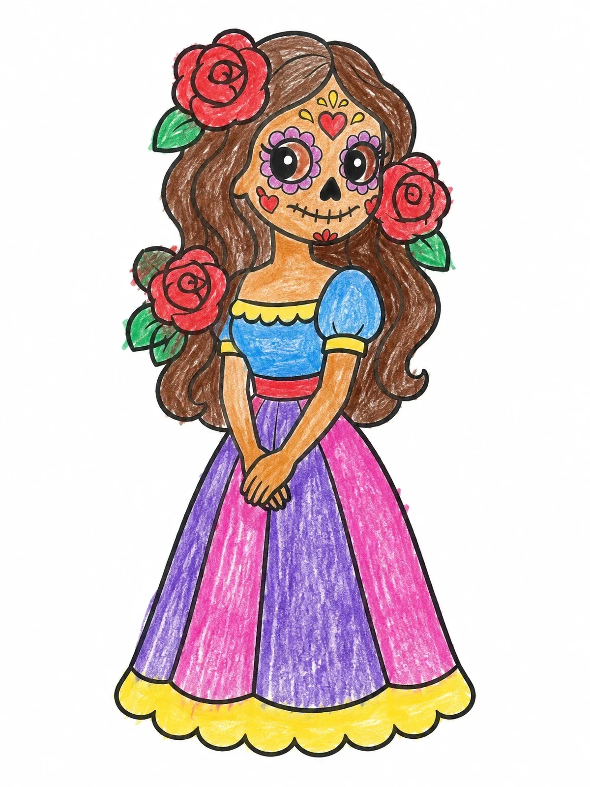 Colored example of the Cute Sugar Skull Woman In Dress coloring page