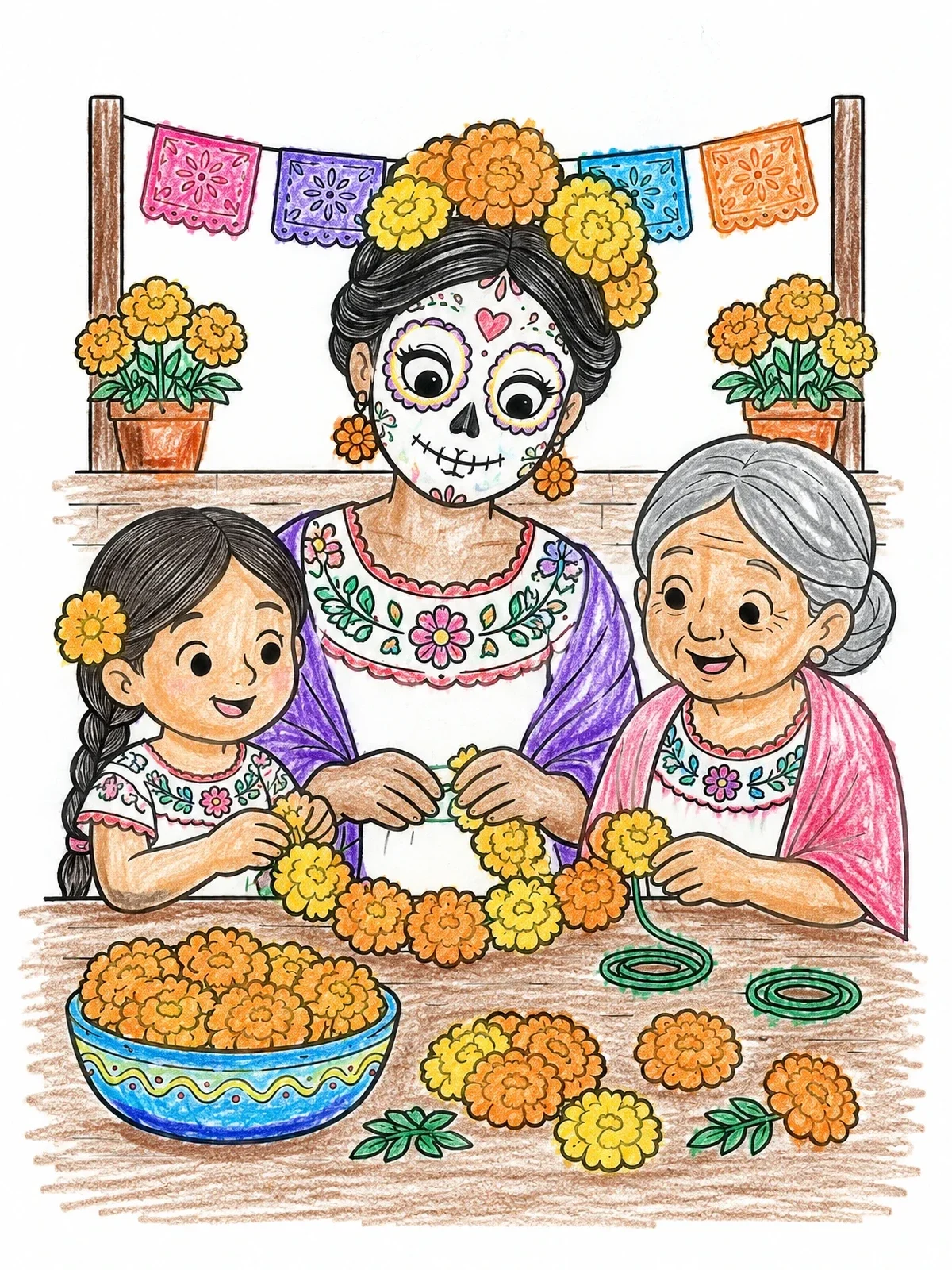 Colored example of the Family Weaving Marigold Garlands Together coloring page