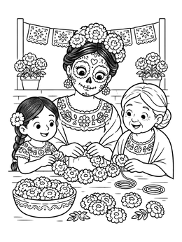 Free printable Family Weaving Marigold Garlands Together coloring page