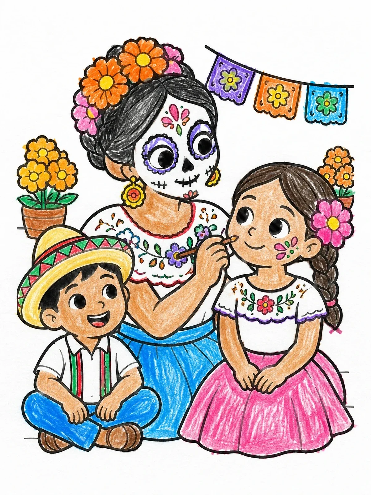 Colored example of the Mother Painting Face For Dia De Muertos coloring page