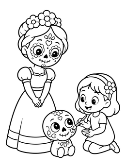 A cheerful girl paints patterns beside a friendly female sugar skull coloring page character.