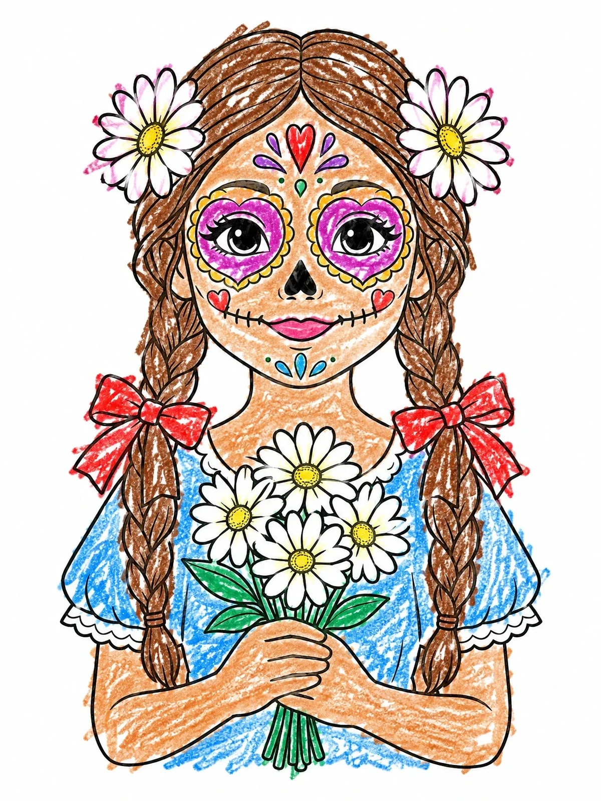 Colored example of the Cheerful Sugar Skull Girl With Daisies coloring page