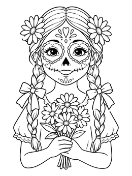 A sweet female sugar skull coloring page featuring a braided girl holding a bouquet of daisies.