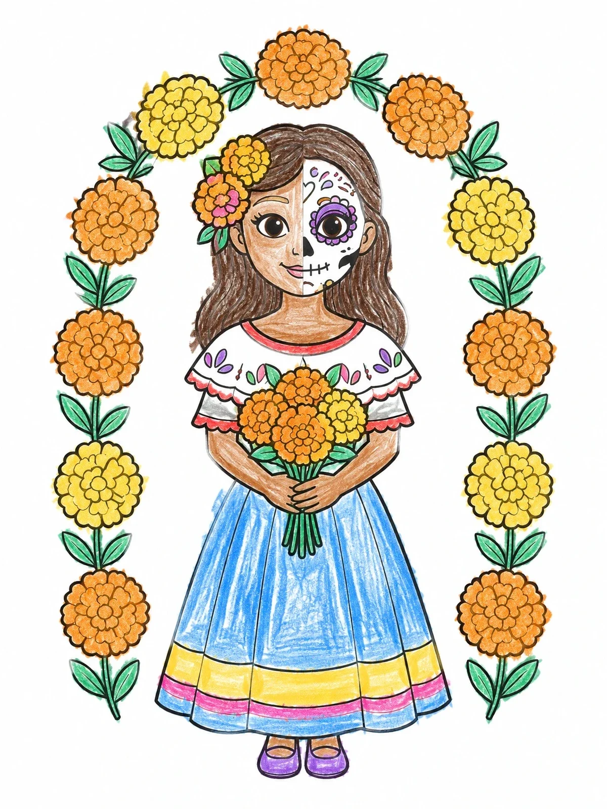 Colored example of the Sugar Skull Girl With Floral Arch coloring page