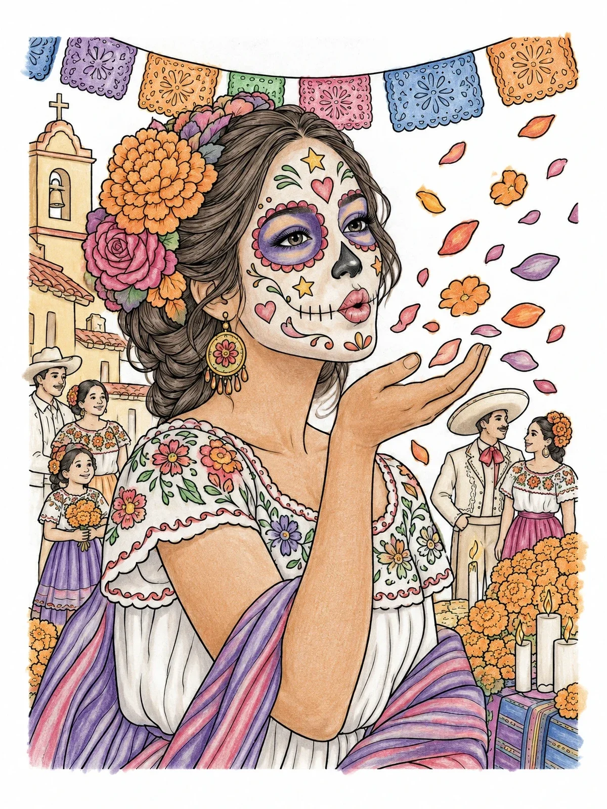 Colored example of the Day Of The Dead Maiden Blowing Petals coloring page