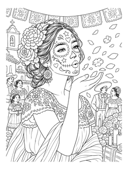 A female sugar skull coloring page showing a woman blowing marigold petals during a festival.