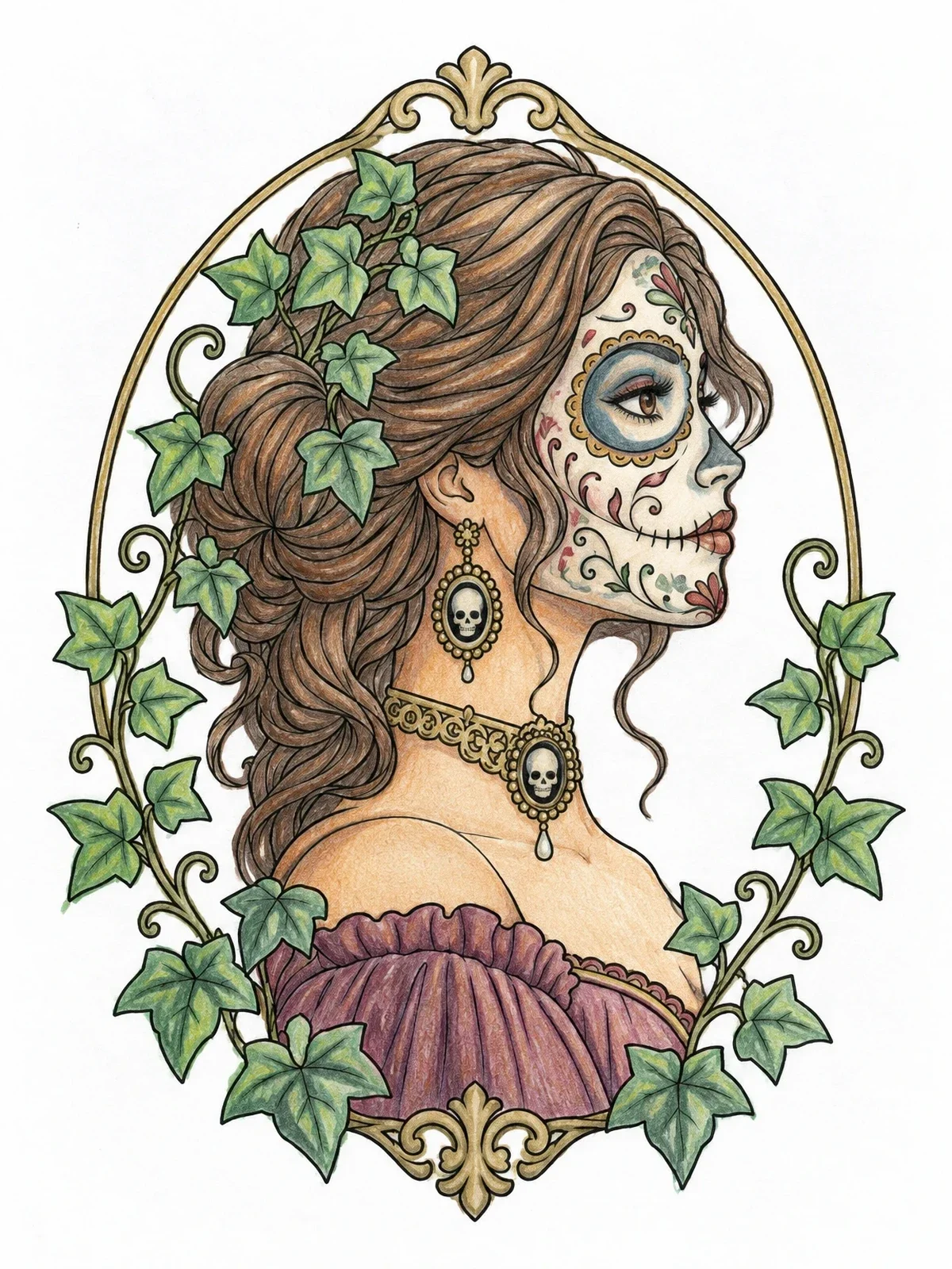 Colored example of the Sugar Skull Maiden With Ivy Frame coloring page