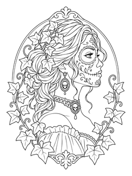 A profile view in this female sugar skull coloring page with skull cameo jewelry and ivy vines.