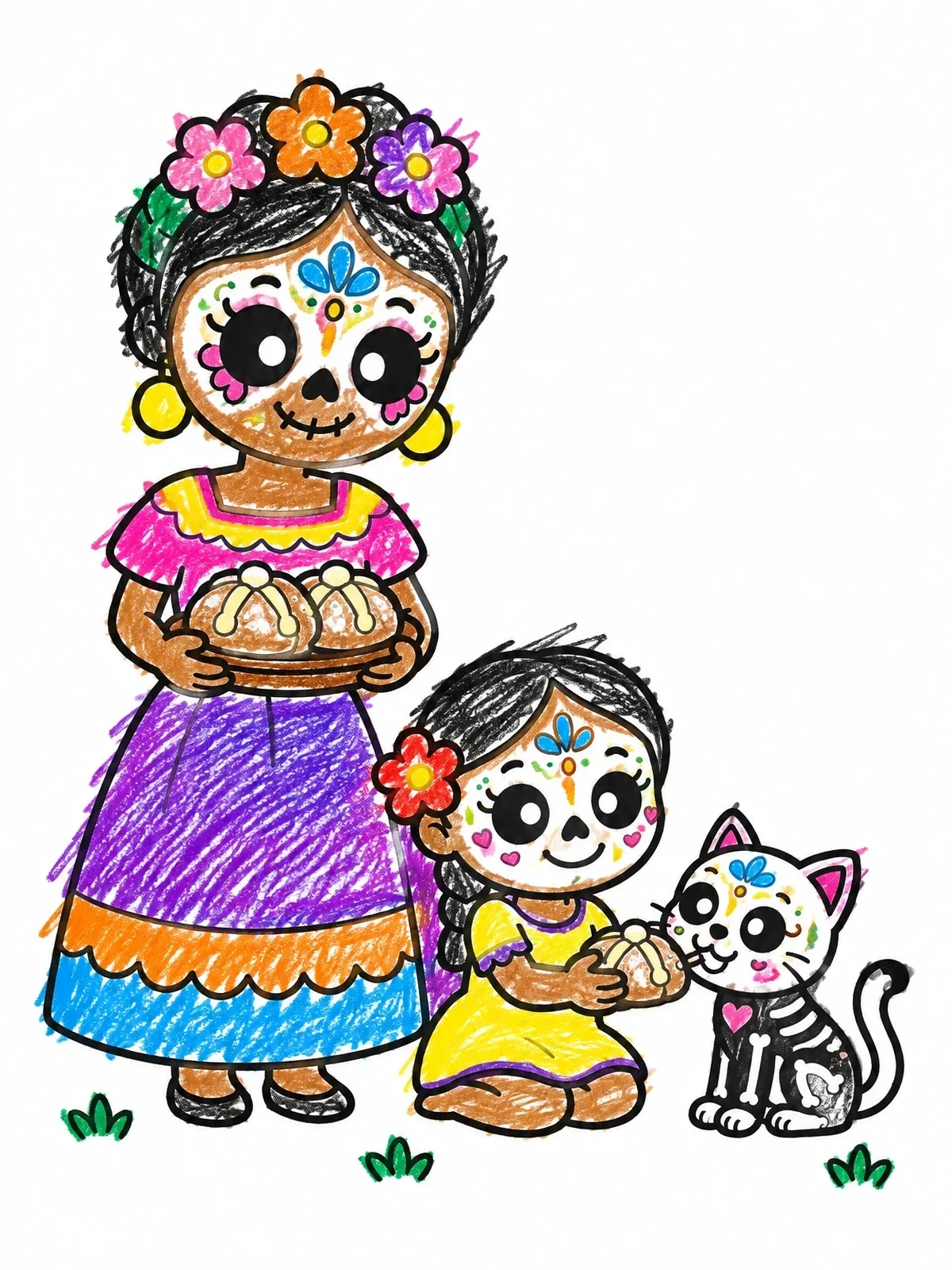 Colored example of the Sugar Skull Family With Calavera Cat coloring page