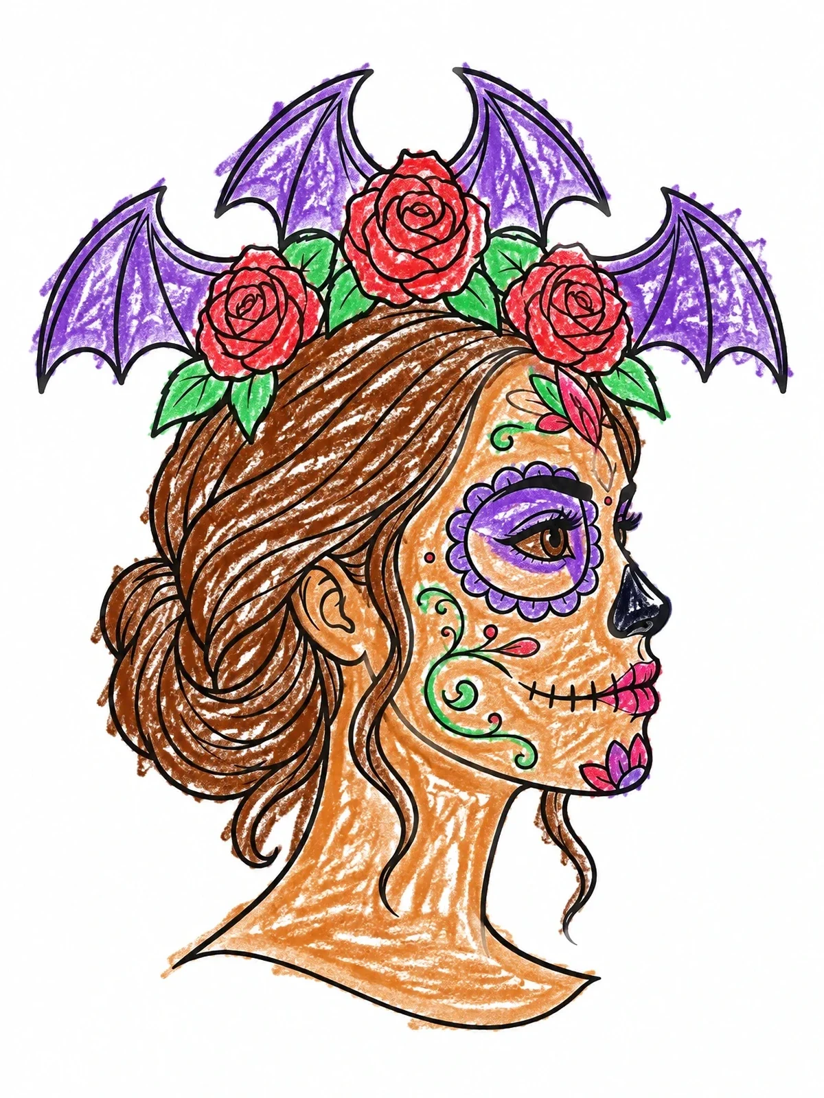 Colored example of the Sugar Skull Woman With Bat Wings Headdress coloring page