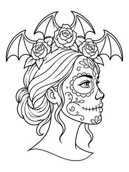 A profile on this female sugar skull coloring page features roses, bat wings, and intricate facial makeup.