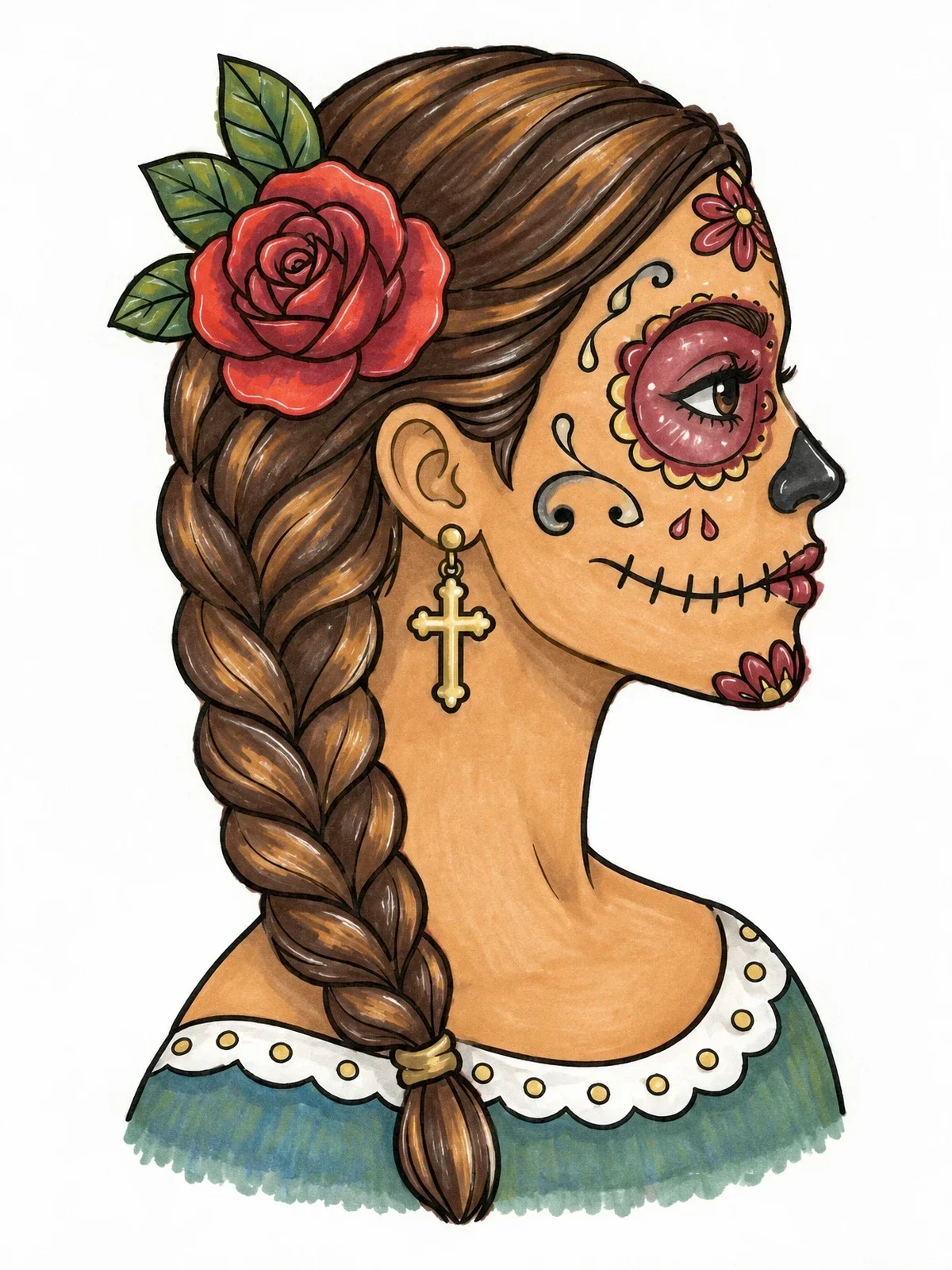 Colored example of the Sugar Skull Woman With Braided Hair coloring page