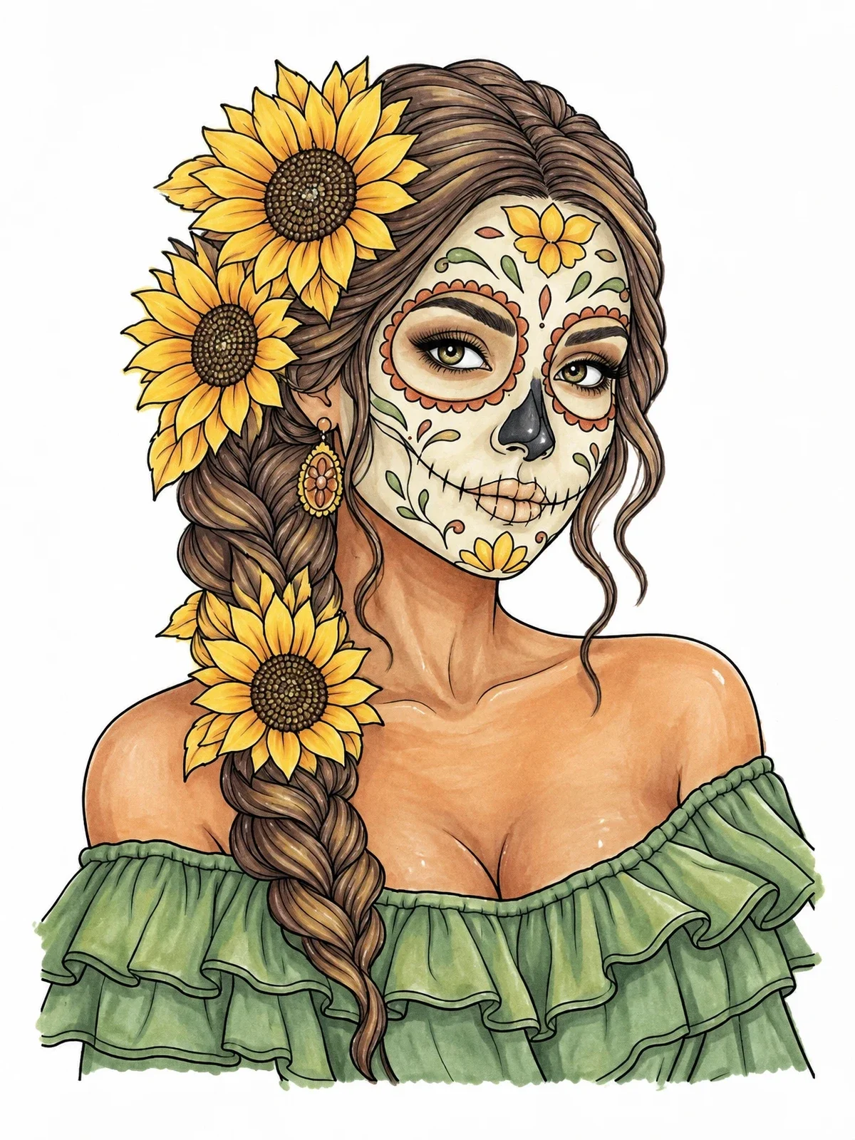 Colored example of the Sugar Skull Woman With Sunflowers coloring page