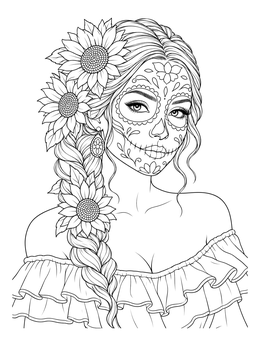 Portrait in this female sugar skull coloring page with braided hair and sunflowers.
