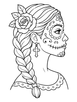 A profile female sugar skull coloring page with braided hair and rose.