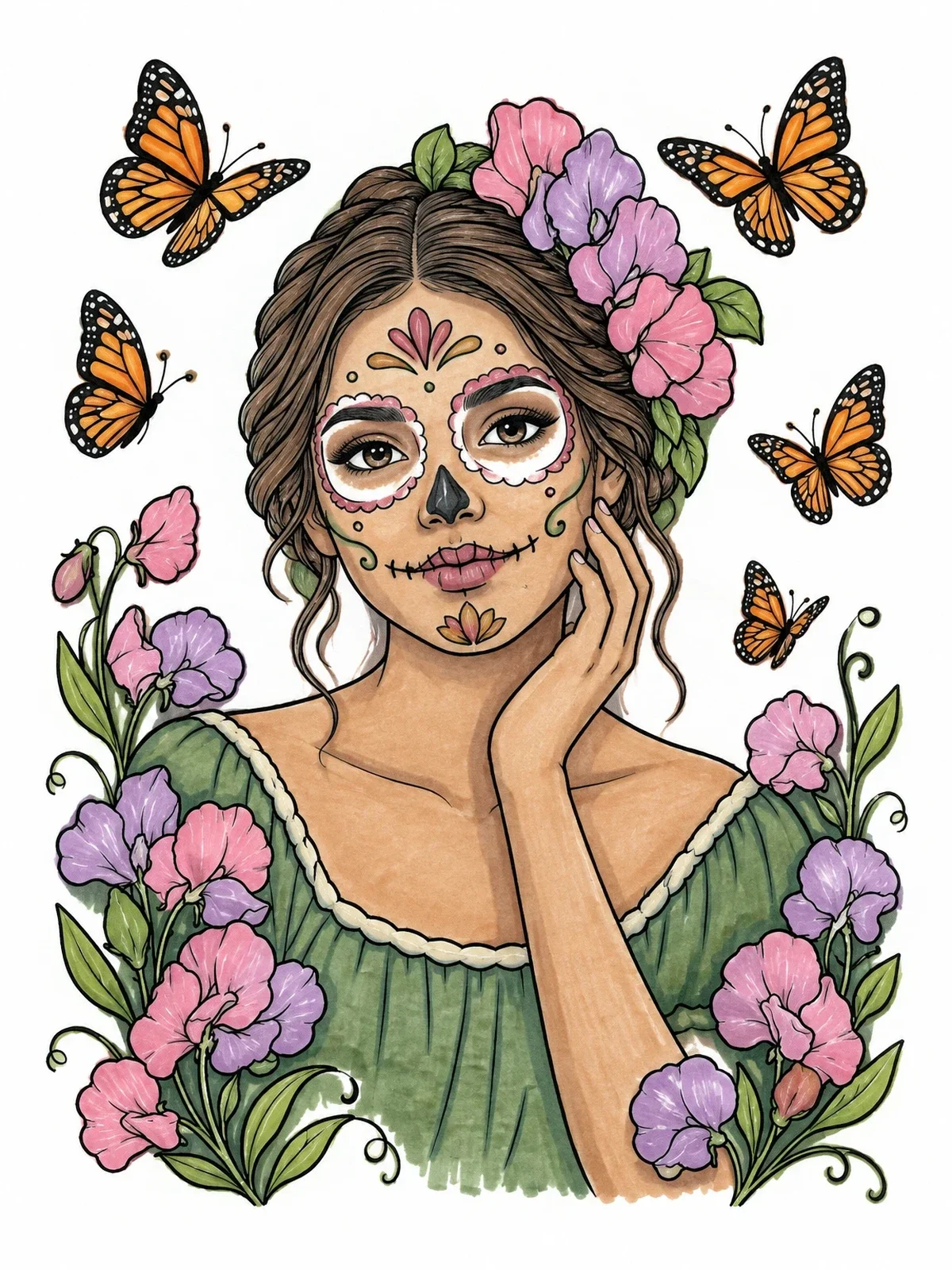 Colored example of the Sugar Skull Woman With Butterflies And Blossoms coloring page