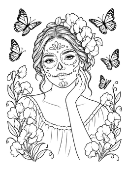 A detailed female sugar skull coloring page featuring a woman with Catrina makeup and fluttering butterflies.