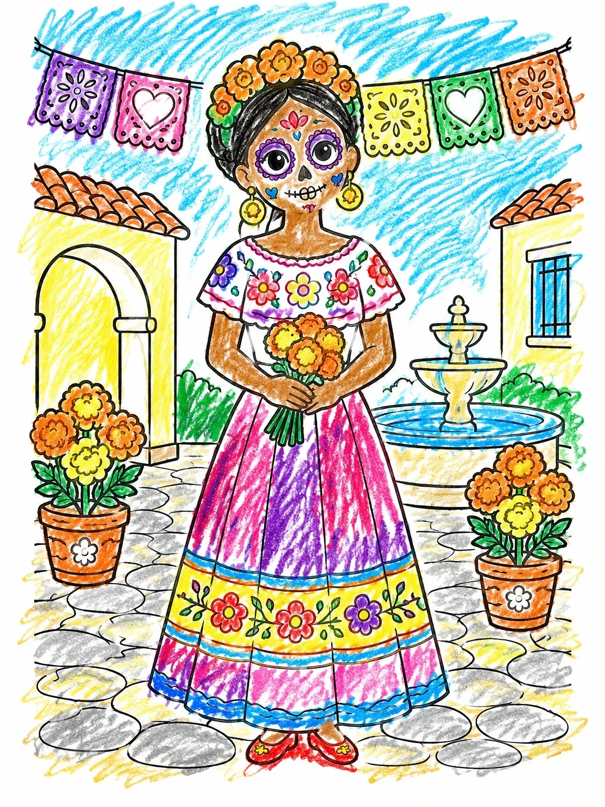 Colored example of the Sugar Skull Woman In Festive Courtyard coloring page