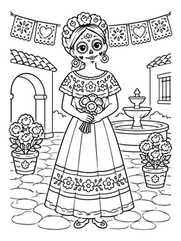 Free printable Sugar Skull Woman In Festive Courtyard coloring page