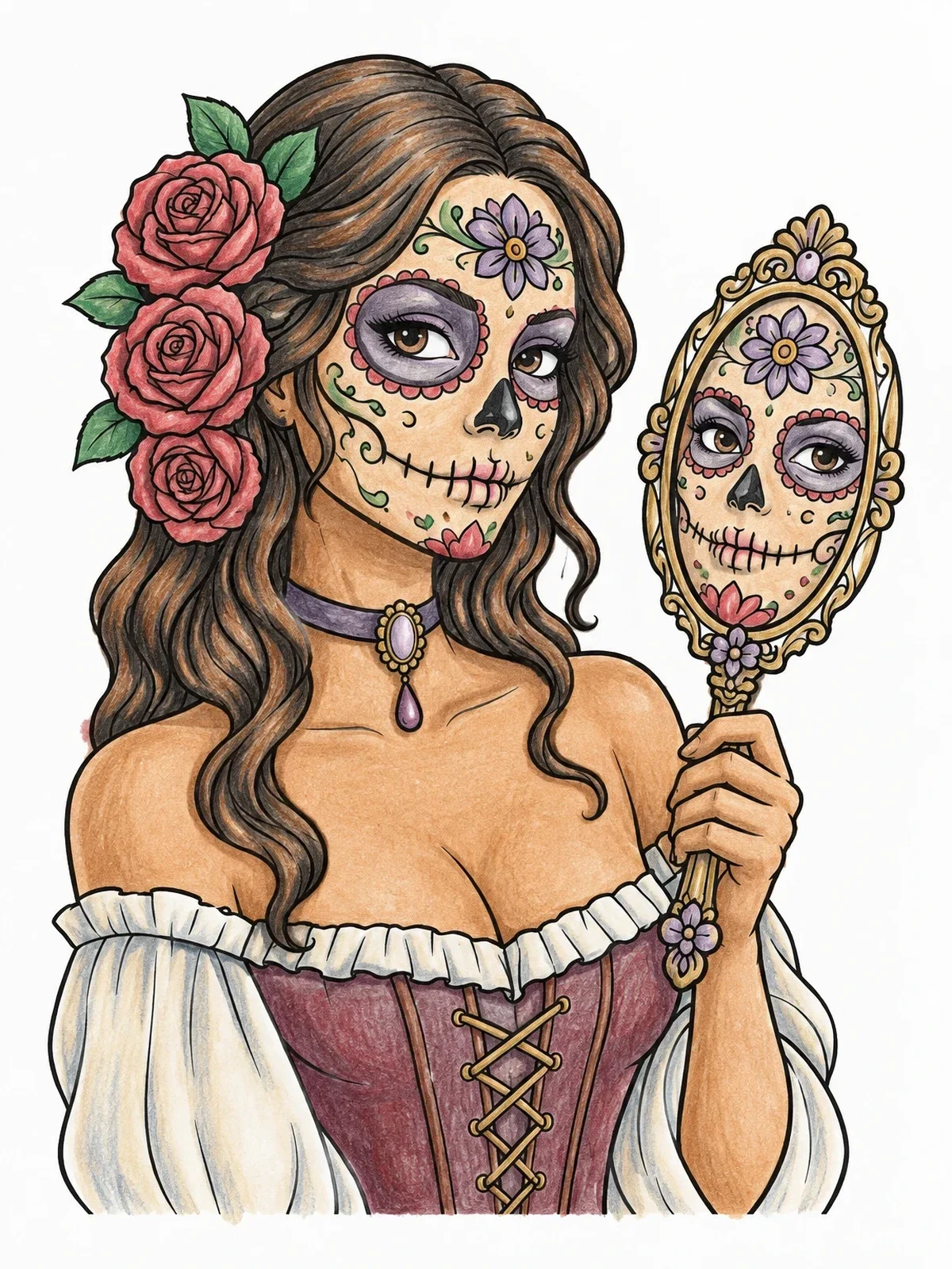 Colored example of the Sugar Skull Woman With Mirror coloring page