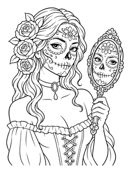 A detailed female sugar skull coloring page featuring a woman holding an antique hand mirror.