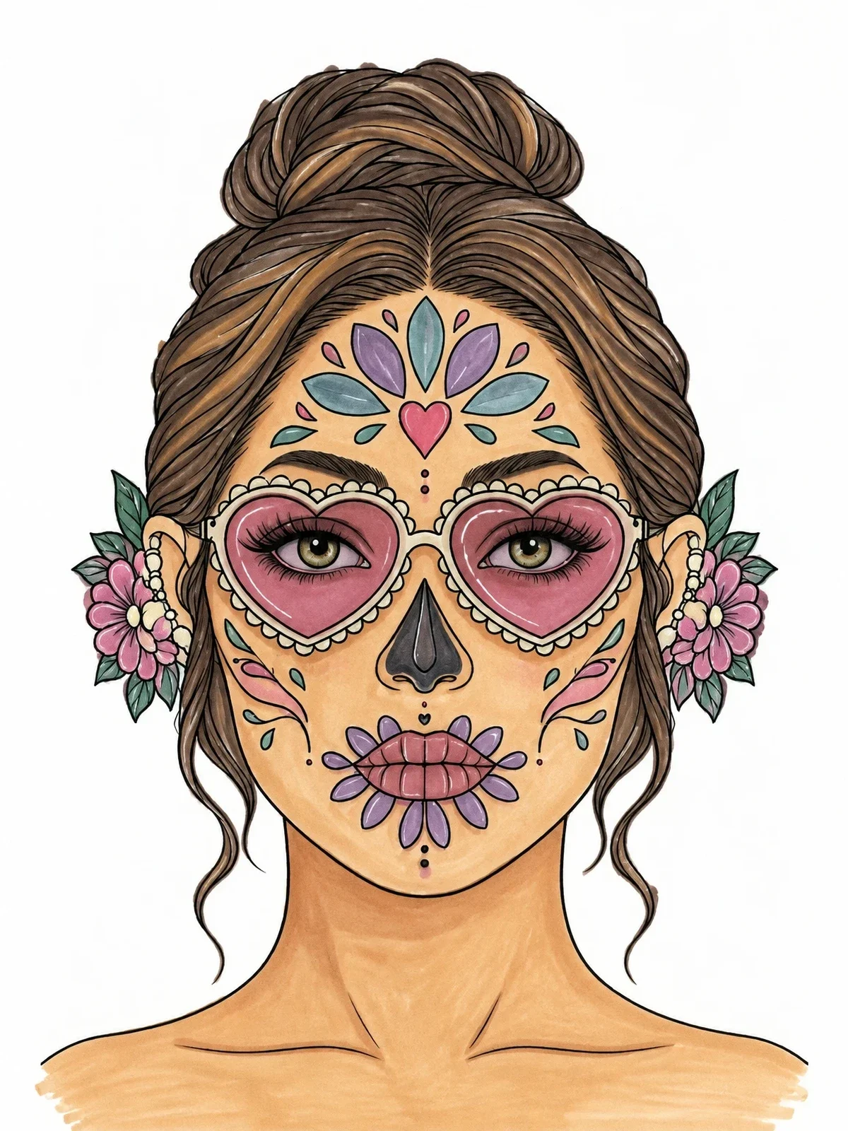 Colored example of the Sugar Skull Woman In Heart Glasses coloring page