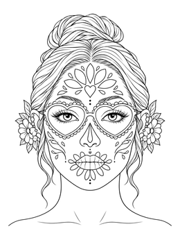Detailed female sugar skull coloring page featuring heart-shaped glasses and floral makeup.