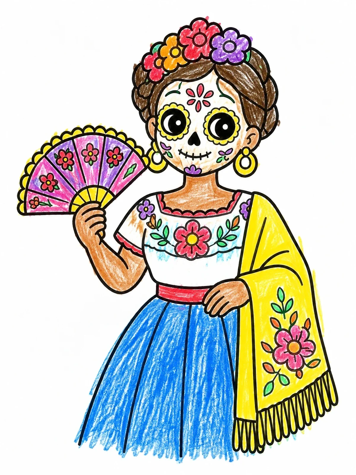 Colored example of the Sugar Skull Woman With Fan coloring page
