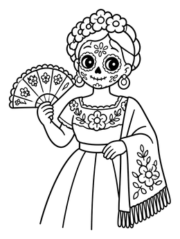 Free printable Sugar Skull Woman With Fan coloring page