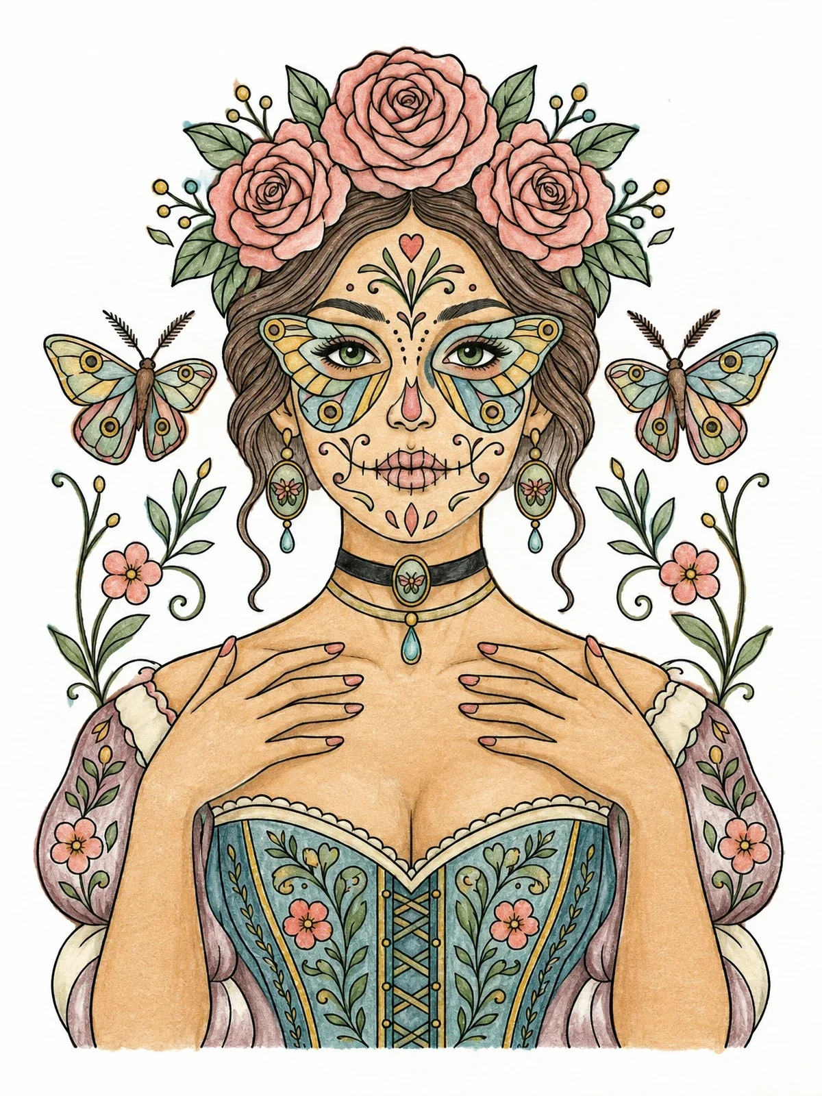 Colored example of the Sugar Skull Woman With Moth Wing Patterns coloring page
