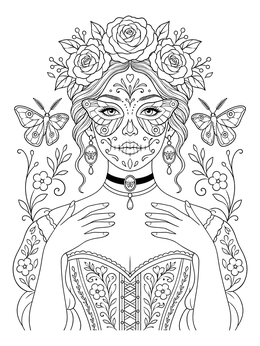 A detailed female sugar skull coloring page with moth motifs, floral crown, and corset.